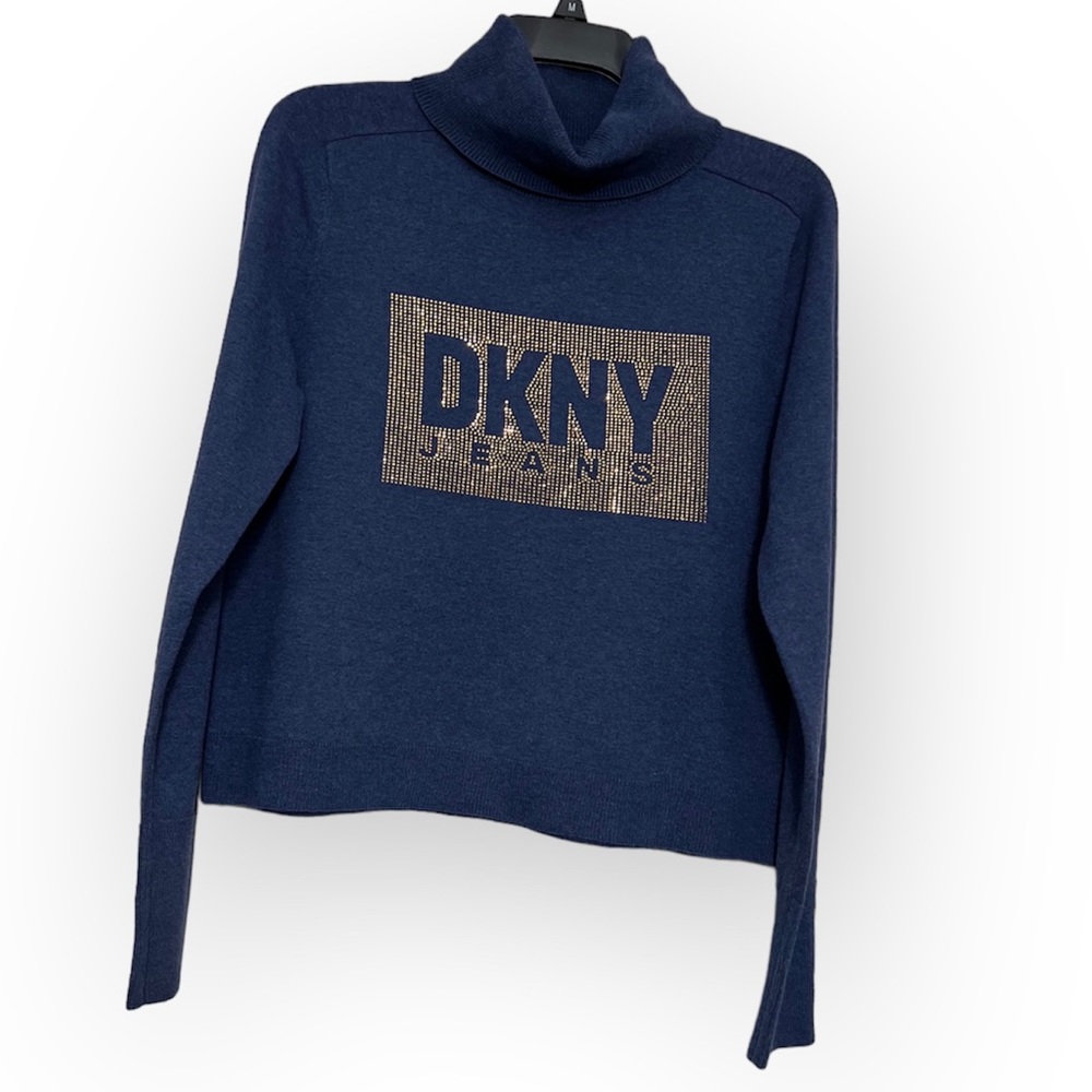 DKNY JEANS Womenโs Turtleneck Sweater Blue Rhinestone Accent NWT